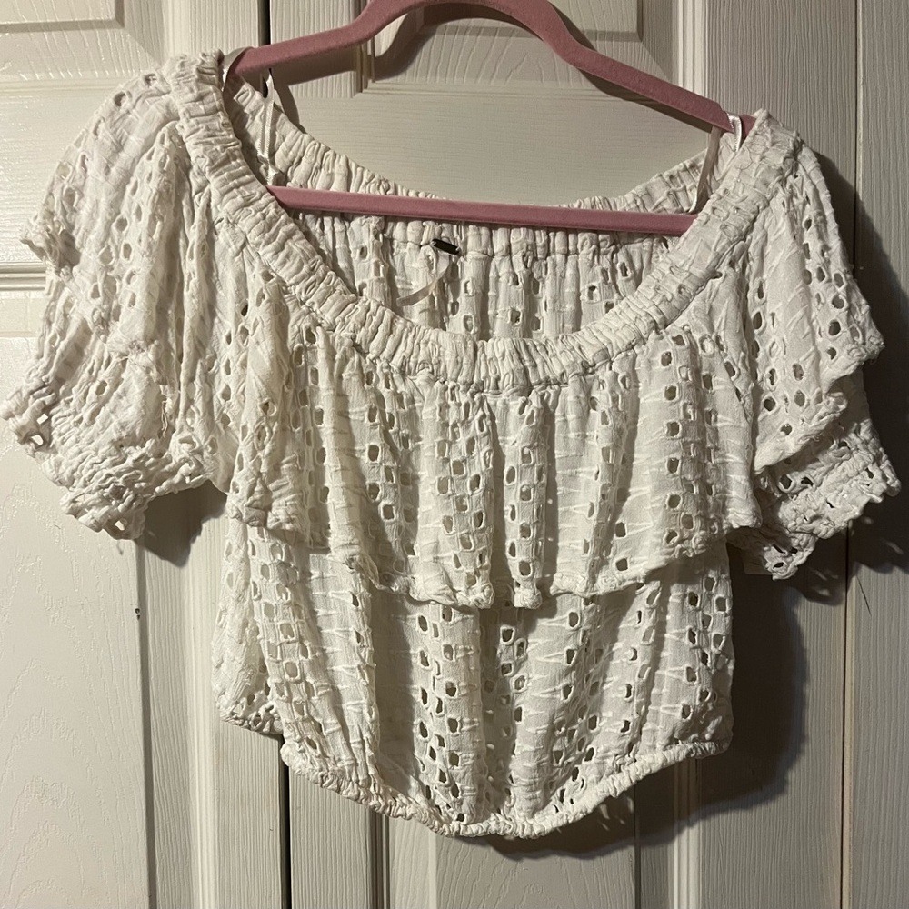 Free People That Girl Off The Shoulder Eyelet Cropped Top Gold Tag White XS - Picture 4 of 13